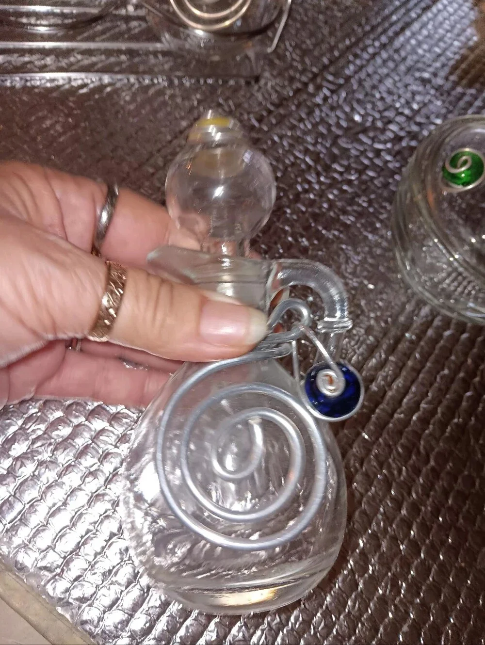Artisian Crafted Glass Oil And Vinigar Bottles In Stand Wirh Creamer And Sugar